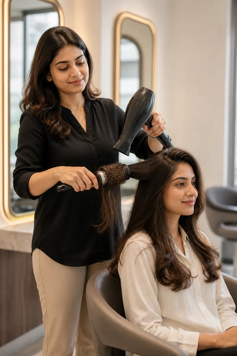 A hairstylist blow-drying a client’s hair in a salon