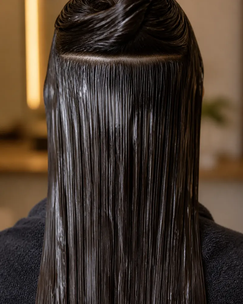 Dark hair sectioned and coated for a smoothing treatment