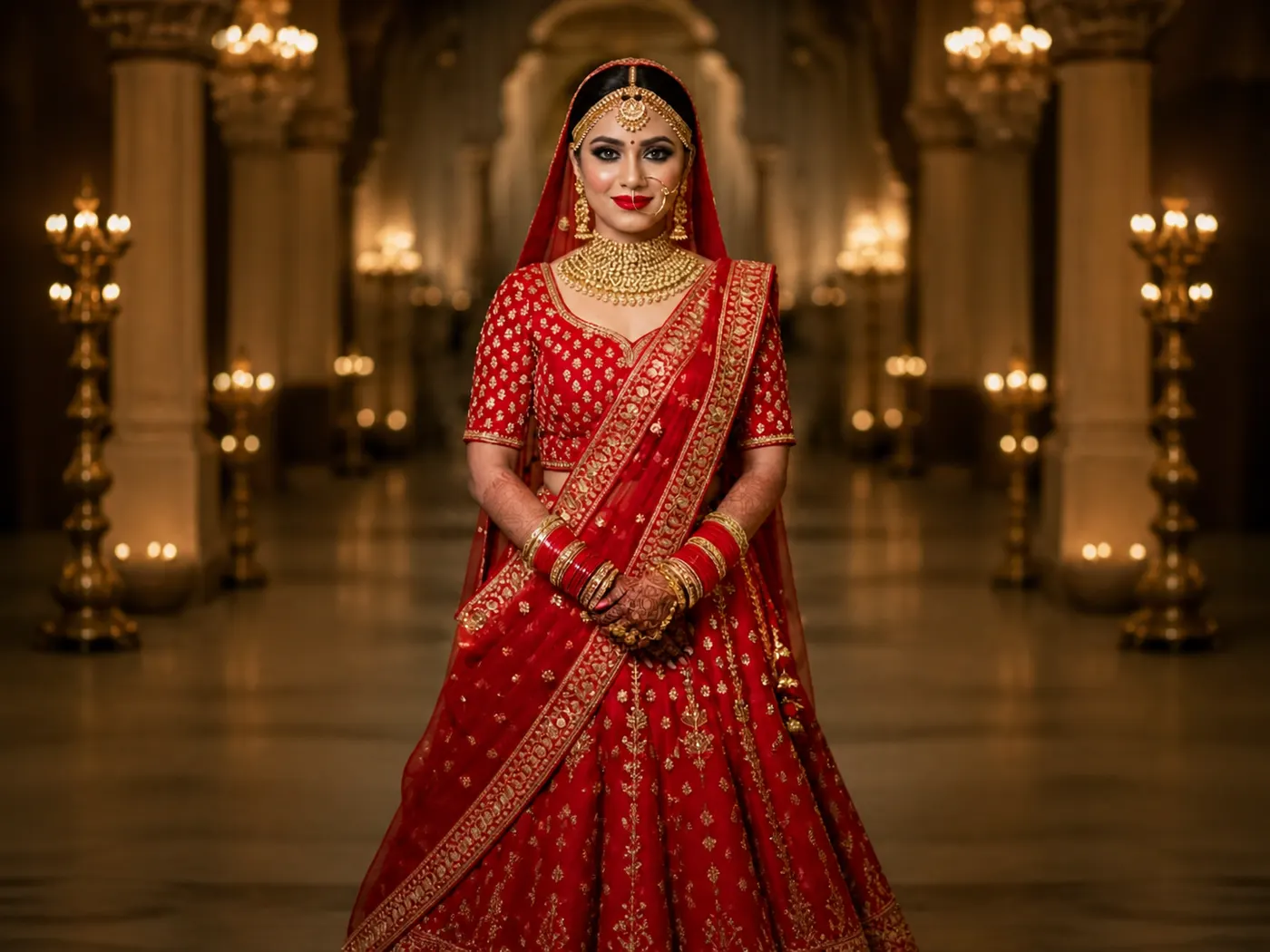 A bride in a red lehenga with traditional gold jewellery