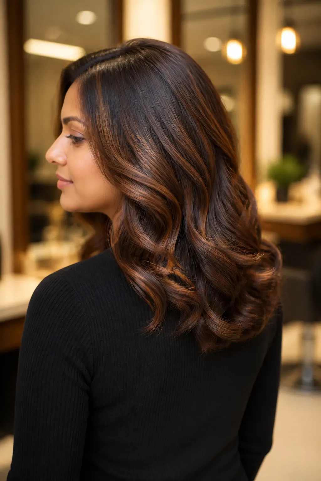A woman with freshly styled, highlighted hair
