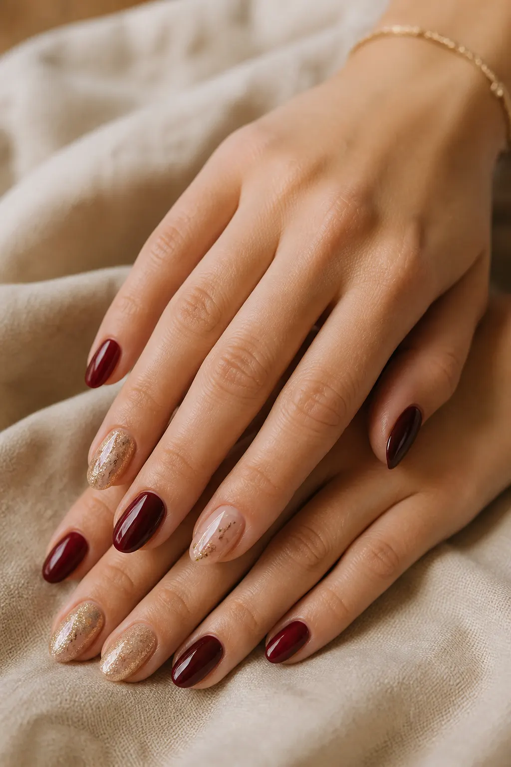 Hands with burgundy and gold nail art