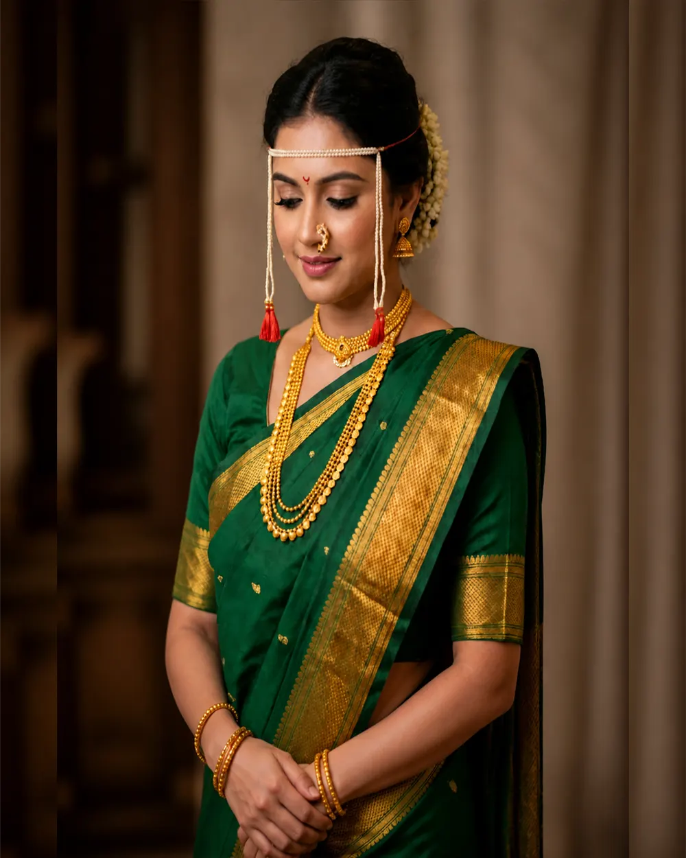 A woman in a green silk sari with bridal jewellery